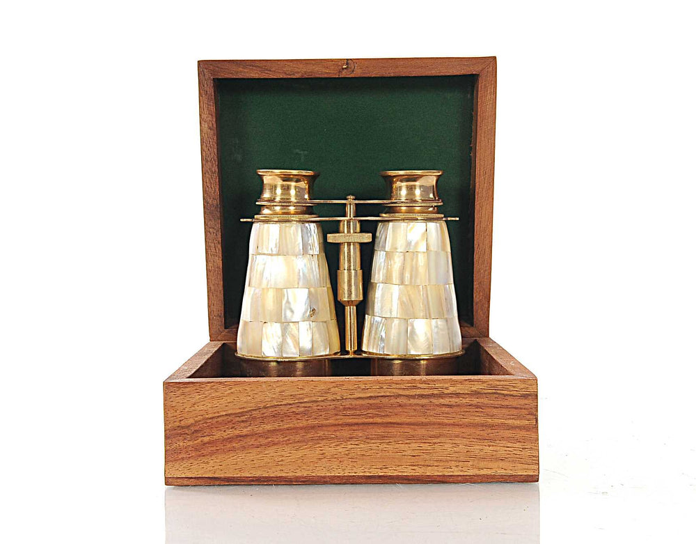 Homeroots Elegant Brass And Mother Of Pearl Binoculars In Wooden Storage Box  Metal 364326