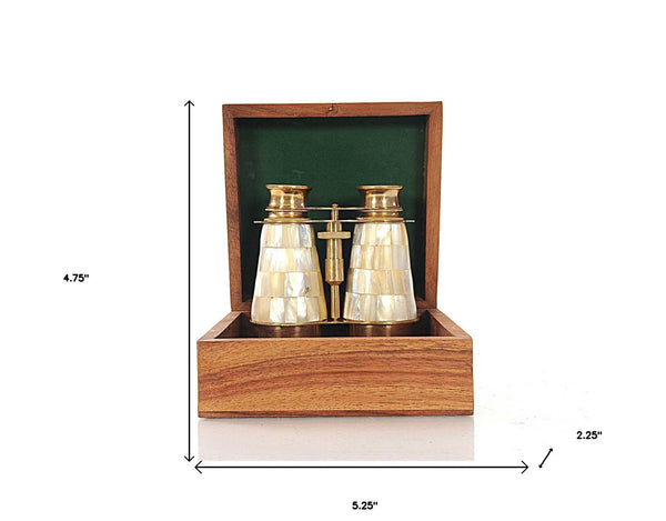 Homeroots Elegant Brass And Mother Of Pearl Binoculars In Wooden Storage Box  Metal 364326