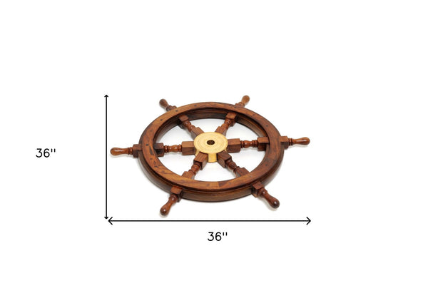 HomeRoots 36" Handcrafted Brown Solid Wood and Brass Ships Wheel Sculpture – Nautical Home Decor Accent Piece 364330