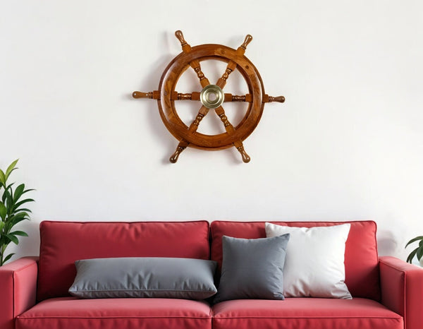 HomeRoots 36" Handcrafted Brown Solid Wood and Brass Ships Wheel Sculpture – Nautical Home Decor Accent Piece 364330