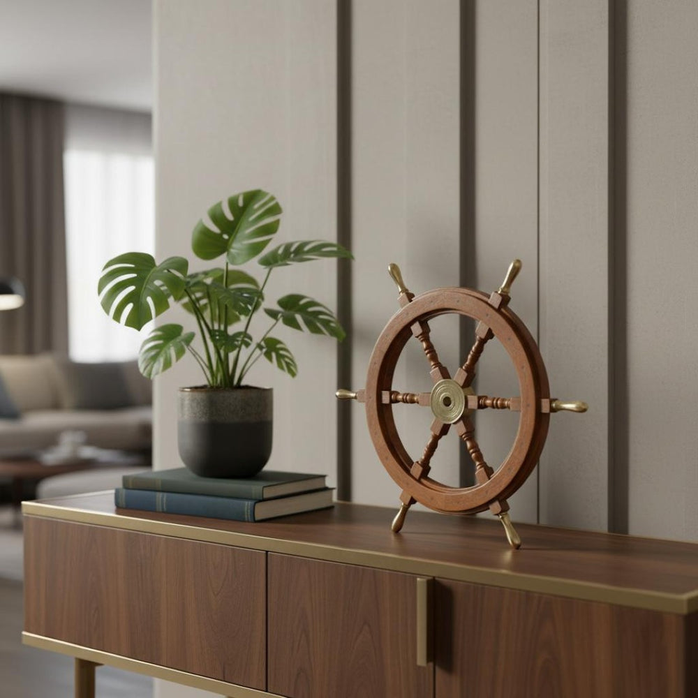HomeRoots 30" Handcrafted Ship Wheel in Premium Rosewood with Brass Accents – Nautical Decor for Home & Office 364331
