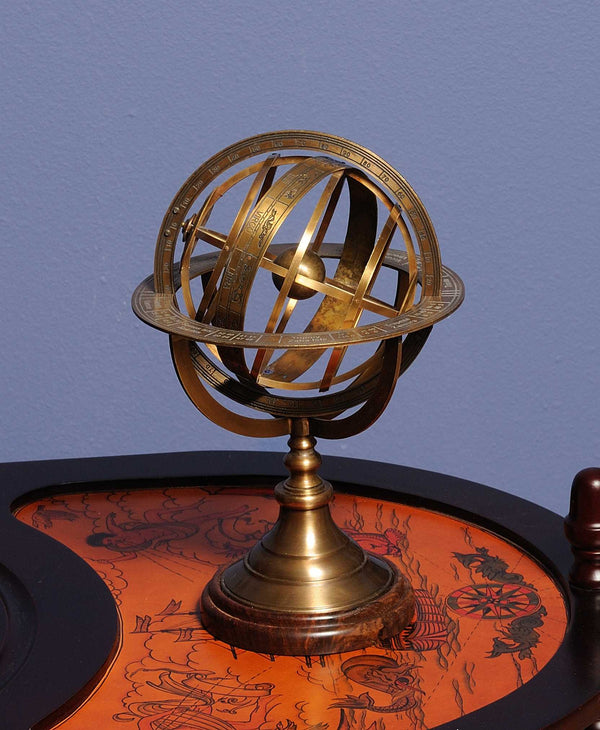 Homeroots 7" X 7" X 11.5" Armillary Sphere On Wood Base  Metal 364337
