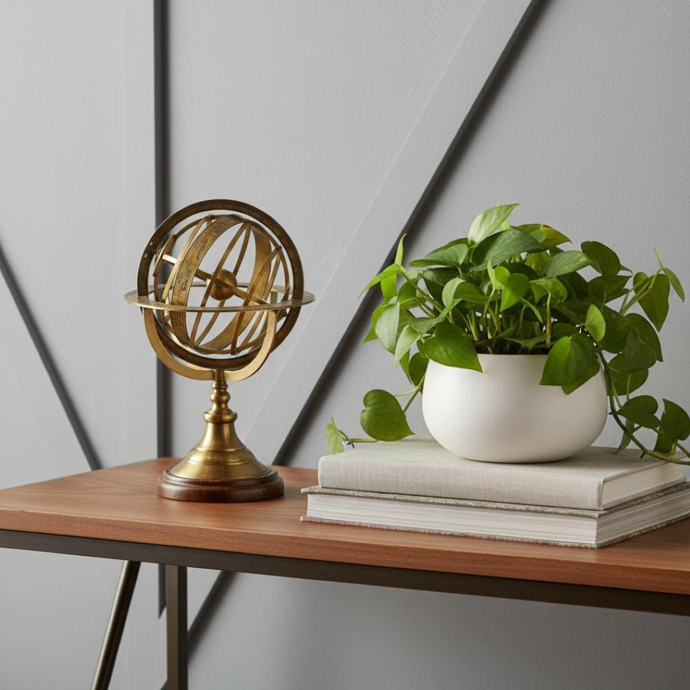 HomeRoots 7" Elegant Armillary Sphere on Wood Base - Celestial Decor for Home or Office, Handcrafted Charm 364337