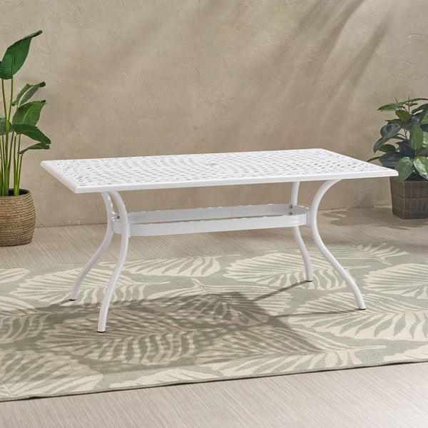 English Elm Christopher Knight Home® - PHOENIX Cast Aluminum Rectangle Dining Table with Floral Lattice, Umbrella Hole, Rust-Resistant Finish White 69.75 L x 40.5 W x 4.75 H 57704.00WHI