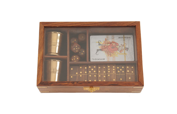 Homeroots 5.25" X 8" X 2.5" Wooden Game Set With Brass Goblet  Metal 364349