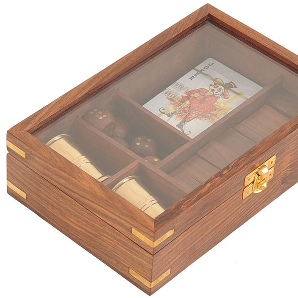 Homeroots 5.25" X 8" X 2.5" Wooden Game Set With Brass Goblet  Metal 364349