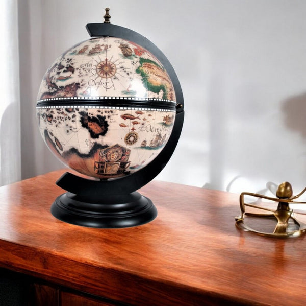 HomeRoots 13" Antique-Style Brown and Black World Globe Chess Set - Elegant Decor and Fun Game Combination! 364356