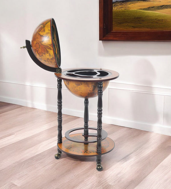 Homeroots 17" X 17" X 35" Globe Bar Table 330mm 4 Legs Stand  Red  Wood 364358