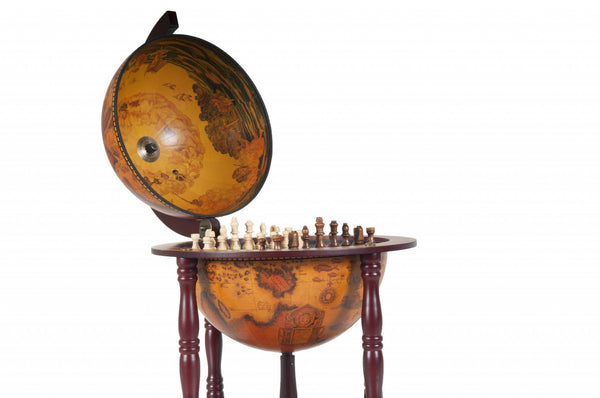 Homeroots 16.5" X 16.5" X 22"Walnut Globe With Chess Holder  Solid Wood 364362