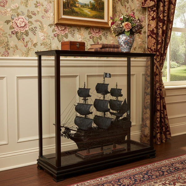 HomeRoots 34" Black Glass Display Stand – Sleek Mirrored Storage Solution for Living & Dining Room Elegance 364365
