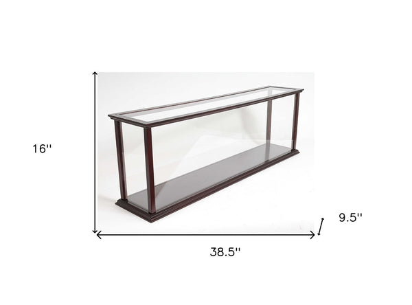 HomeRoots 39" Elegant Dark Brown Glass Display Stand with Mirrored Accents for Stylish Home Storage & Decor 364366