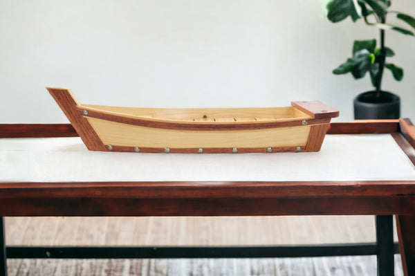 Homeroots 17" Natural And Brown Wood Sushi Boat Serving Tray   364376