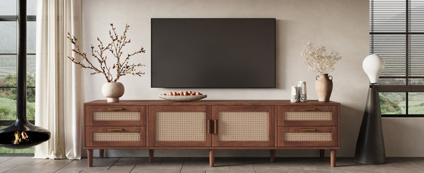 English Elm 78 Inch Rattan Media Console with Pine Legs Four Drawers Modern Living Room Tv Stand N710P365048P