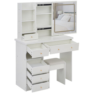 English Elm 37" Vanity Table Set with Led Mirror Stool Built-in Outlets and Hair Dryer Storage White W3258P448842