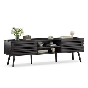 English Elm Mid Century Modern Fluted Wood Media Console with Storage Cabinets for Living Room Dark Walnut T3623P435375