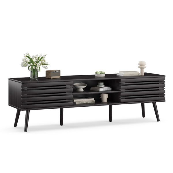 English Elm Mid Century Modern Fluted Wood Media Console with Storage Cabinets for Living Room Dark Walnut T3623P435375