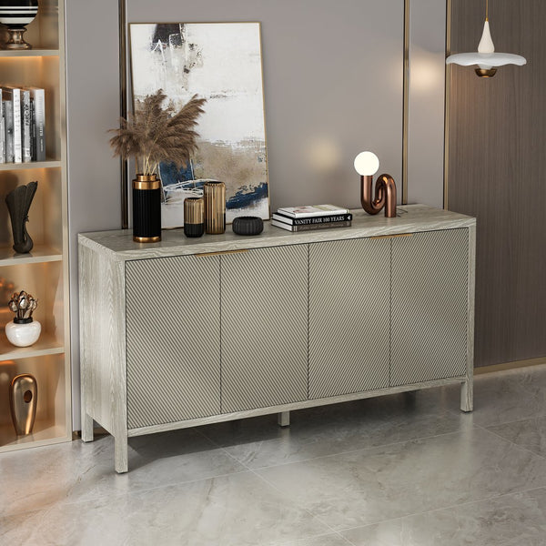 English Elm Sideboard Champagne 59" Modern Wood Buffet Cabinet with 4 Doors, Adjustable Shelves, 220lb Top Capacity W757P203146