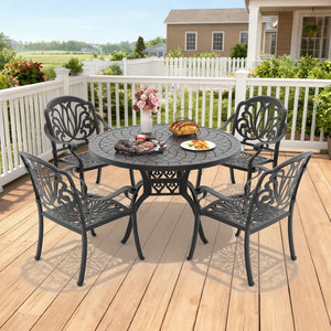 English Elm 5-piece Cast Aluminum Outdoor Dining Set with Carved Floral Patio Chairs and Table W1710S00556