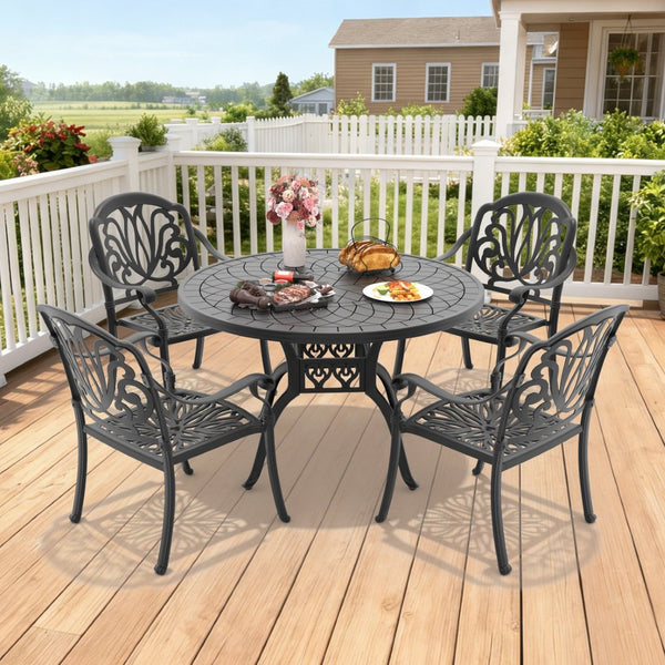 English Elm 5-piece Cast Aluminum Outdoor Dining Set with Carved Floral Patio Chairs and Table W1710S00556