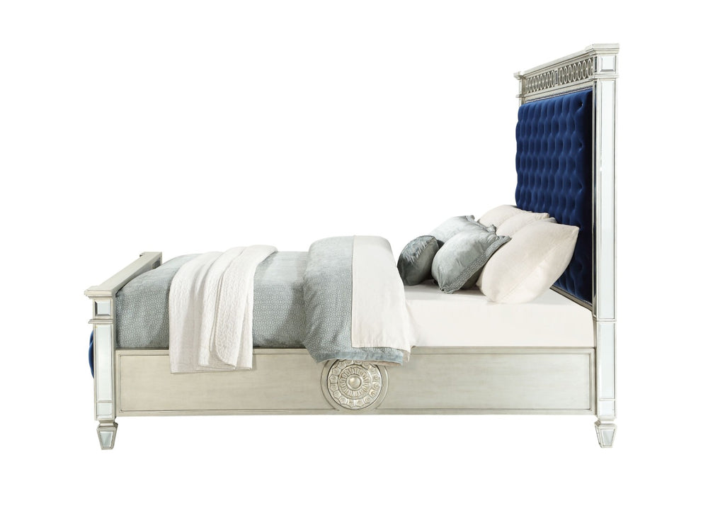 English Elm Varian Queen Bed Blue Velvet Tufted Frame with Mirrored Panels Geometric Glam Detail B2726S00575