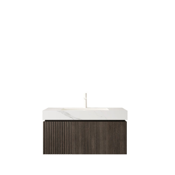 English Elm Muri Floating Bathroom Vanity Plywood Cabinet Sintered Stone Top Espresso Finish W2615S00458