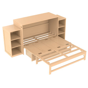 English Elm Full Golden Murphy Bed with Storage Drawers & Shelves, Space-Saving Wall Cabinet for Guests W1580S00254