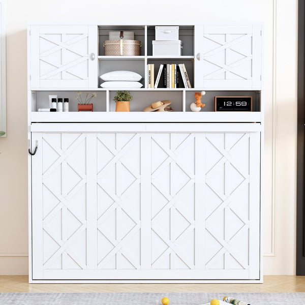 English Elm Queen Size Elegant Wall-Mounted Murphy Bed With Stylish Storage & Diamond Stripe Design, White N820S00062K-GIGA