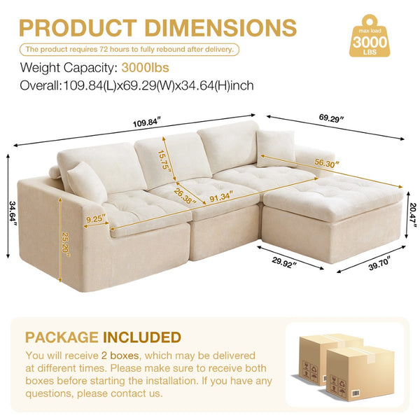 English Elm 110" Chenille Cloud Sectional Sofa Modular L-shape Deep Seat with Convertible Ottoman Beige W1521S00087