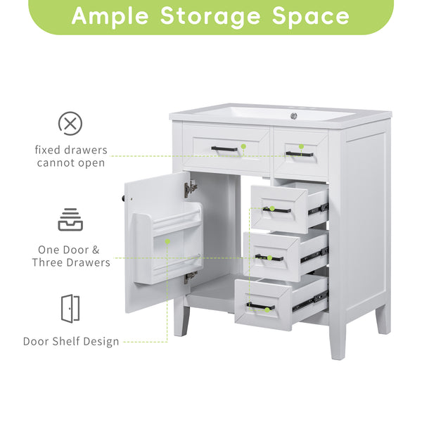English Elm 30" Modern Bathroom Vanity with Sink Combo — Solid Rubberwood & MDF, 3 Drawers, Freestanding Contemporary Design White N725P246482K