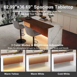 English Elm 63" Modern Kitchen Island Set With 2 Gray Bar Stools - Stylish Marble Look, Led Lighting & Versatile Use W2699S00070