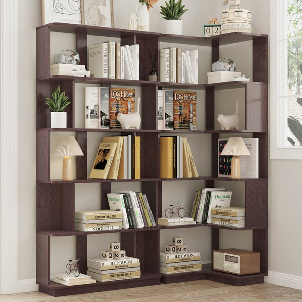 English Elm Set of 2 Modular Corner Bookcases L Shaped and I Space Saving Home Office Shelving Ox Blood Red W2899S00002