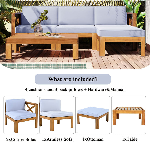 English Elm TOPMAX Outdoor Backyard Patio Wood 5-Piece Sectional Sofa Seating Group with Water-Resistant Cushions & Lockable Panels, Durable Acacia Frame Gray,Natural SP110142AAE