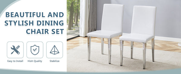 English Elm Two Pu Leather Dining Chairs Glossy White Shell Silver Metal Legs Modern Set W1151P360537