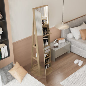English Elm 360°swivel Jewelry Armoire with Lighted Interior Full Length Mirror Lockable White Antique Brown W3406P411300
