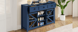 English Elm U_style Industrial Sideboard with Sliding Barn Doors Iron Mesh Panels and Three Drawers Navy Blue N711P347384V
