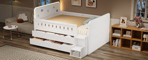 English Elm Wooden Full Bed Frame with Led Headboard Four Storage Drawers and Ladder Shelf White N7090004028K