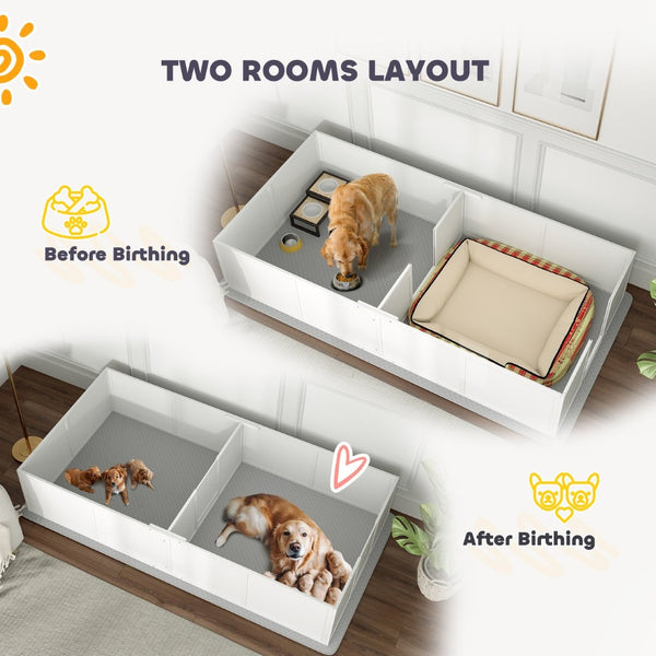 English Elm Pawhut Whelping Box With Washable Pad & Adjustable Door - Safe Space For Dogs & Puppies, 96" X 47" W2225P249986-GIGA