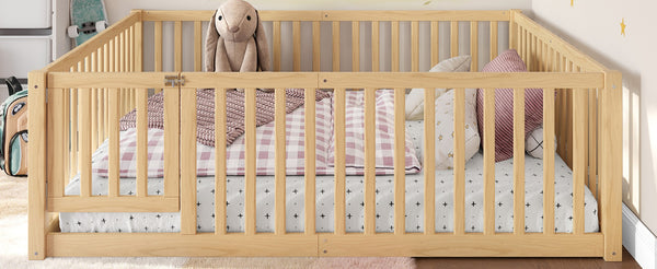 English Elm Twin Floor Bed Pine Wood Frame with Guardrails and Door for Safe Toddler Sleep Natural W1580P417671