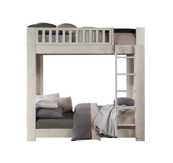 English Elm Cedro Twin/Twin Bunk Bed in Weathered White Finish with 14+14 Slats, Fixed Ladder, 660lb Capacity B2726S00504