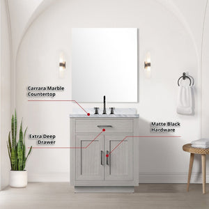 English Elm White Oak Single Bath Vanity Set With Carrara Marble Top, Mirror & Chrome Faucet - Easy Install! B2731S01951-GIGA