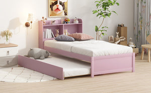 English Elm Twin Pink Trundle Bed with Bookcase Headboard — Space-Saving Twin Bed for Small Rooms, Storage Friendly W504P317860