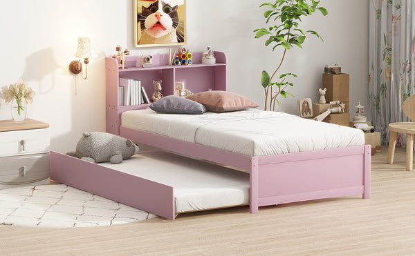 English Elm Twin Pink Trundle Bed with Bookcase Headboard — Space-Saving Twin Bed for Small Rooms, Storage Friendly W504P317860