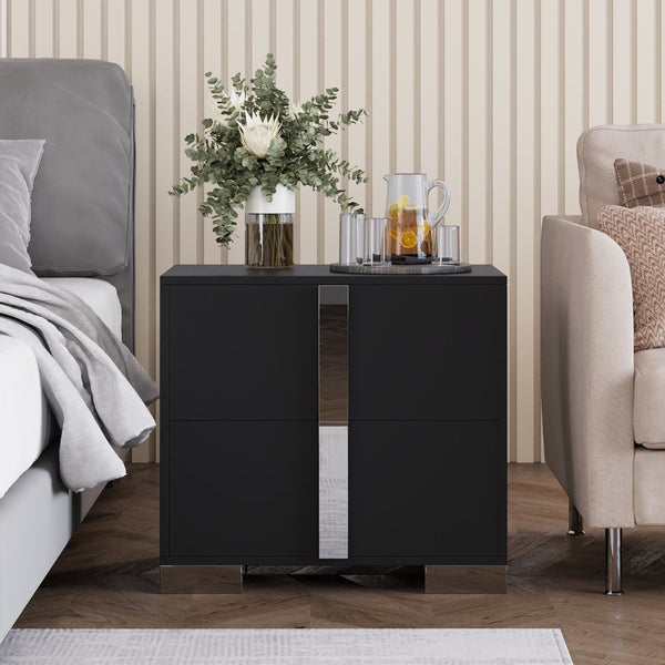 English Elm Modern Two Drawer Nightstand with Slim Metal Legs and Mirrored Bar Handles for Bedroom Black W5271P416540