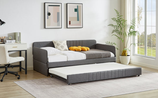 English Elm Daybed, Grey Metal Framed Sofa Bed with Twin Trundle, Durable Iron Frame, 6"-8" Mattress Fit, 78.4" W1162P214581