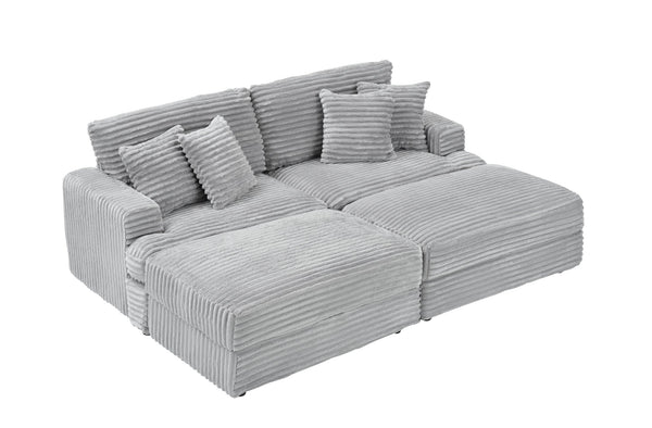 English Elm 82-Inch Gray Corduroy Sofa With 2 Storage Footrests & 4 Pillows - Cozy Modern Living Room Essential! W1658S00117