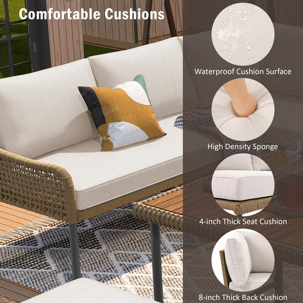 English Elm K&K 6-Piece Rope Patio L-Shaped Sectional Set with Acacia Wood Ice Box Table and Deep Cushions Beige+Brown N707S000014Z