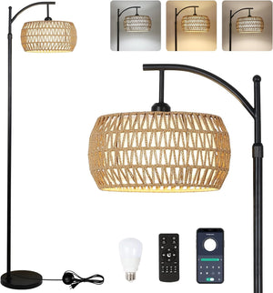 English Elm Arc Floor Lamp With Remote Control – Dimmable Led, Adjustable Height & Stylish Rattan Shade For Home W2738P185401