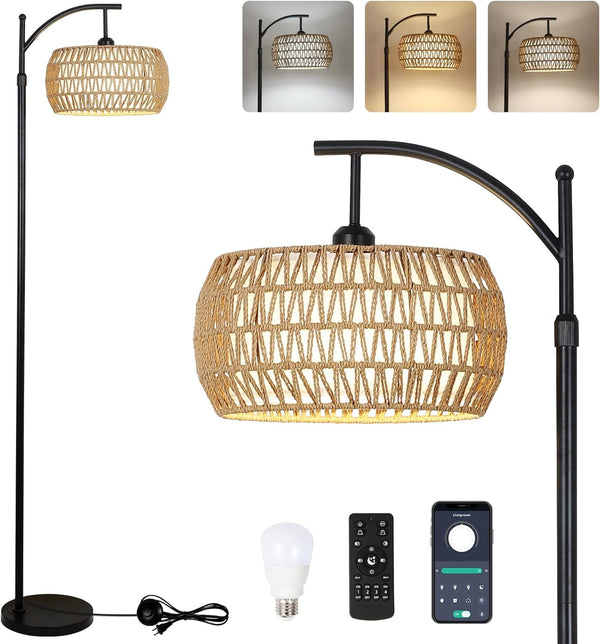 English Elm Arc Floor Lamp With Remote Control – Dimmable Led, Adjustable Height & Stylish Rattan Shade For Home W2738P185401