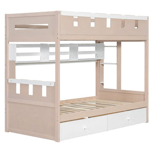 English Elm Twin Castle Bunk Bed with Led Lighting Built-in Shelf and Storage Drawers for Kids White LT000158AAK
