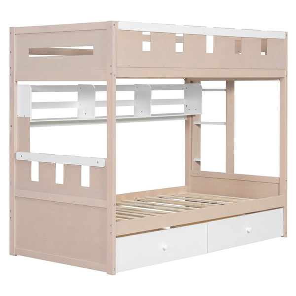 English Elm Twin Castle Bunk Bed with Led Lighting Built-in Shelf and Storage Drawers for Kids White LT000158AAK
